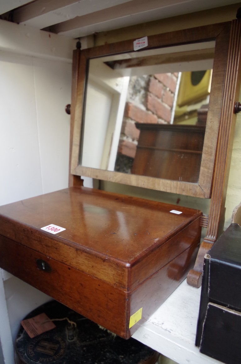 A Victorian mahogany writing slope, 30cm wide; together with a skeleton toilet mirror.