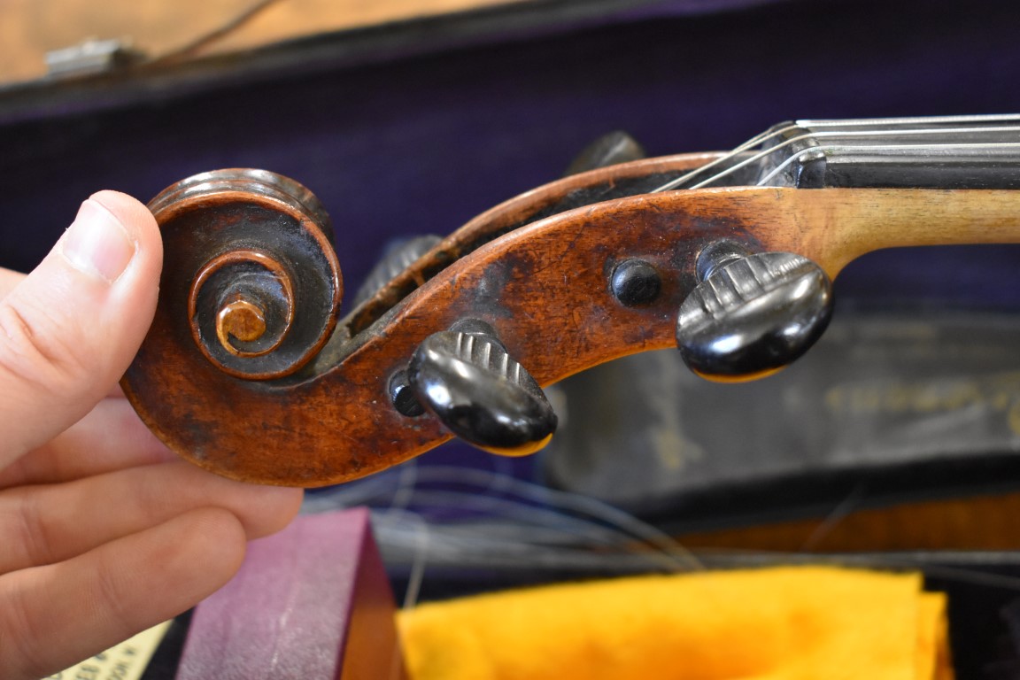 An antique Continental violin, with 14in single piece back, with bow, in Hawkes & Son case. - Image 7 of 14