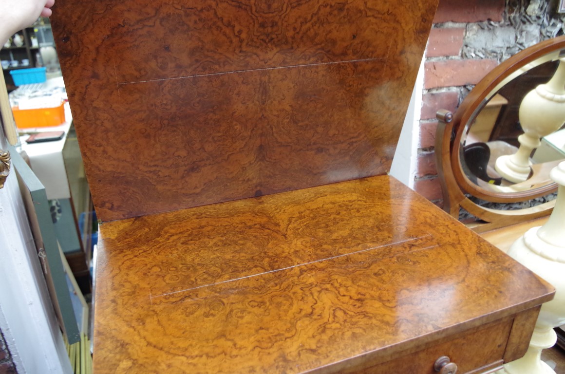 A 19th century burr walnut work table, with foldover swivel action top, 56cm wide. - Image 3 of 3