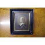 English School, 17th/18th century, portrait miniature of Oliver Cromwell, labelled verso, oil on oak