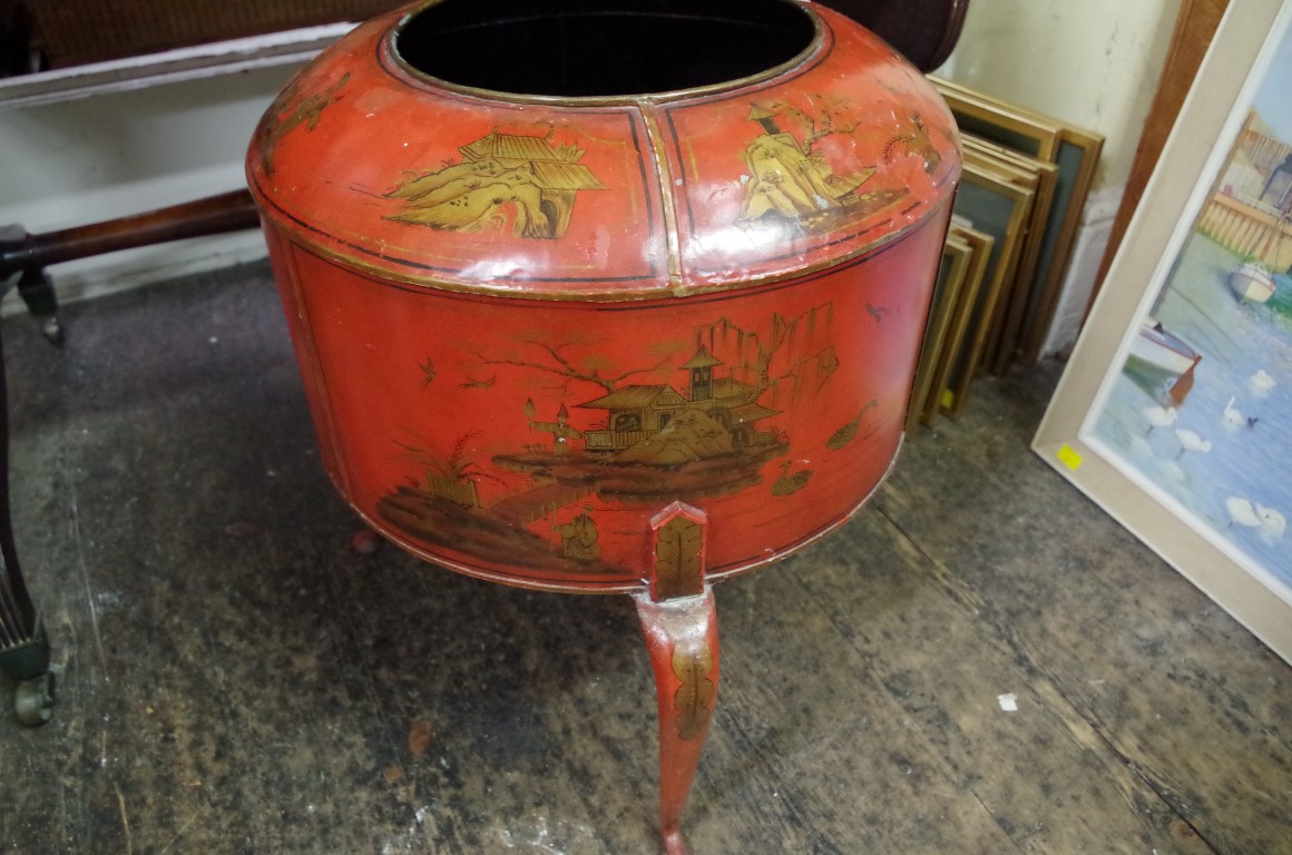 A red chinoiserie toleware jardiniere or log bin, on cabriole legs, 41.5cm diameter. - Image 3 of 3