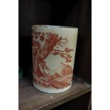 A late 18th century creamware mug, transfer printed in sepia with lovers in a landscape, 15cm