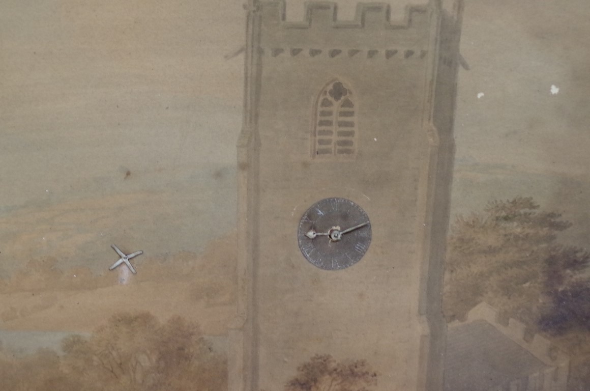 A rare 19th century clock picture, the movement engraved 'Whitehead, London', the watercolour image, - Image 3 of 5