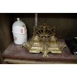 An antique French cast brass desk stand, 31.5cm wide; together with a Rosenthal porcelain jar and