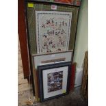 A mixed lot of pictures and prints, to include a Chinese 'Hundred Boys' embroidered silk panel, 56 x