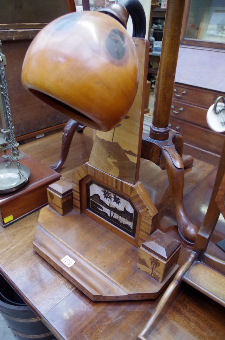 An unusual marquetry table lamp, 57cm high.