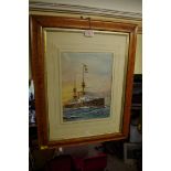 W A Jones, a naval ship, signed, watercolour, 26.5 x 19.5cm, in maple frame.