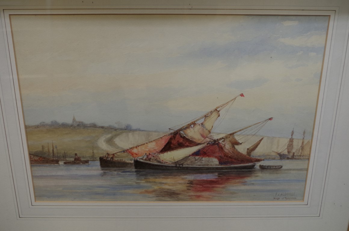 F J Aldridge, 'Barges at Rochester', signed and titled, watercolour, 27 x 39.5cm. - Image 2 of 3