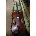 An old mandolin, labelled 'Guiseppe Casini', in case; together with a 14in violin, with two bows, in