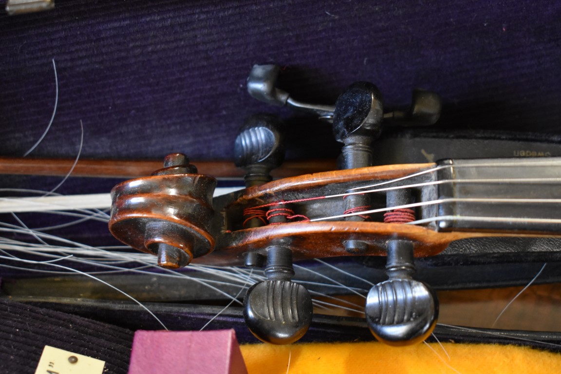 An antique Continental violin, with 14in single piece back, with bow, in Hawkes & Son case. - Image 6 of 14