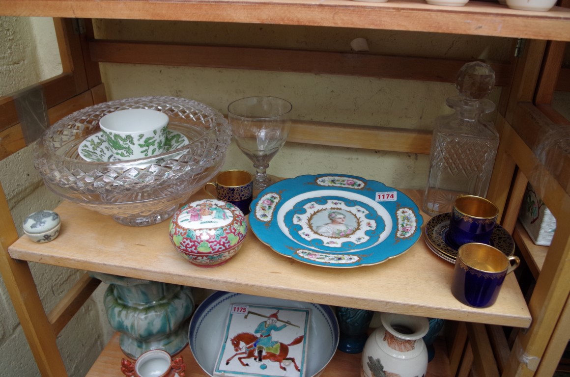 A collection of ceramics, to include a Sevres bleu celeste plate.