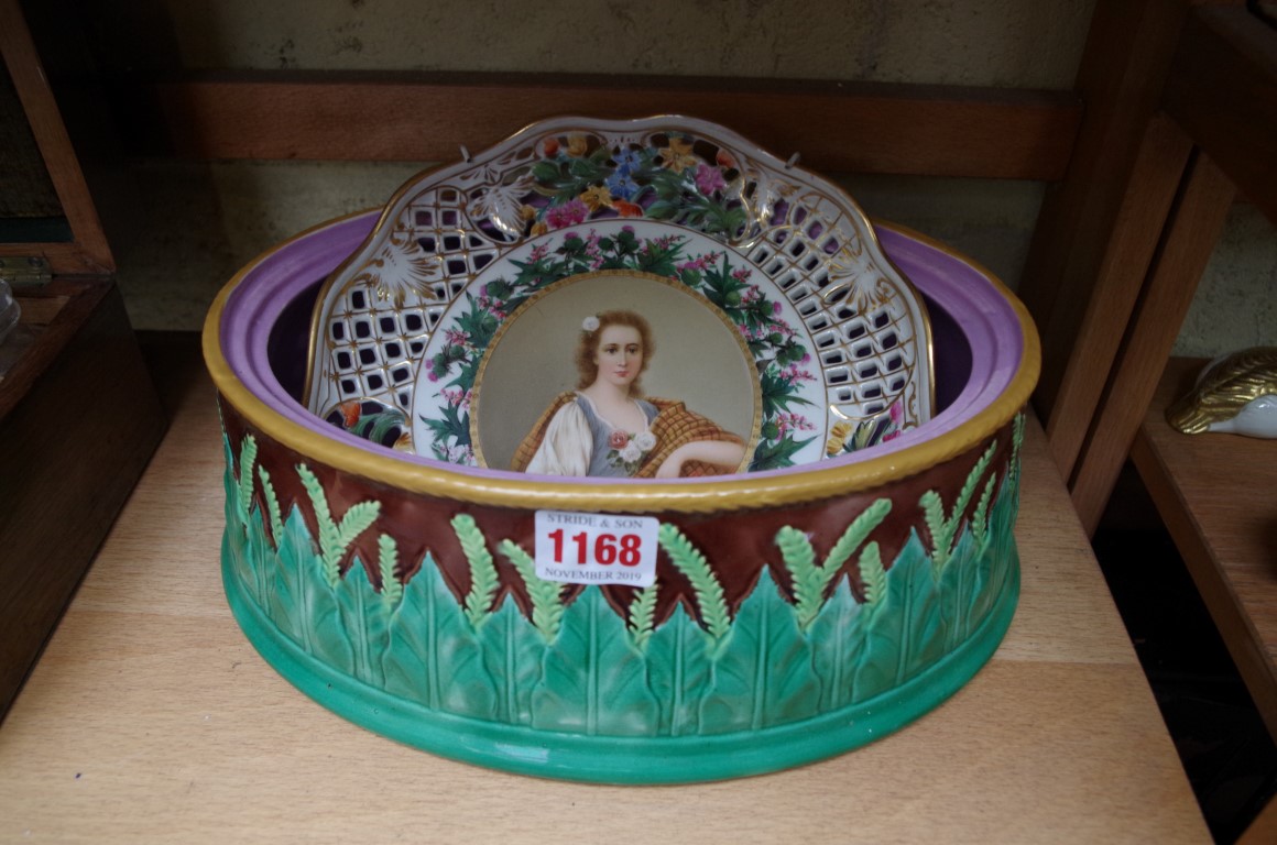 A Victorian George Jones majolica game dish, 29.5cm wide; together with a Vienna style 'Floral