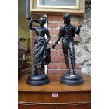 After Rancoulet, a pair of black painted metal figures, 49cm high.