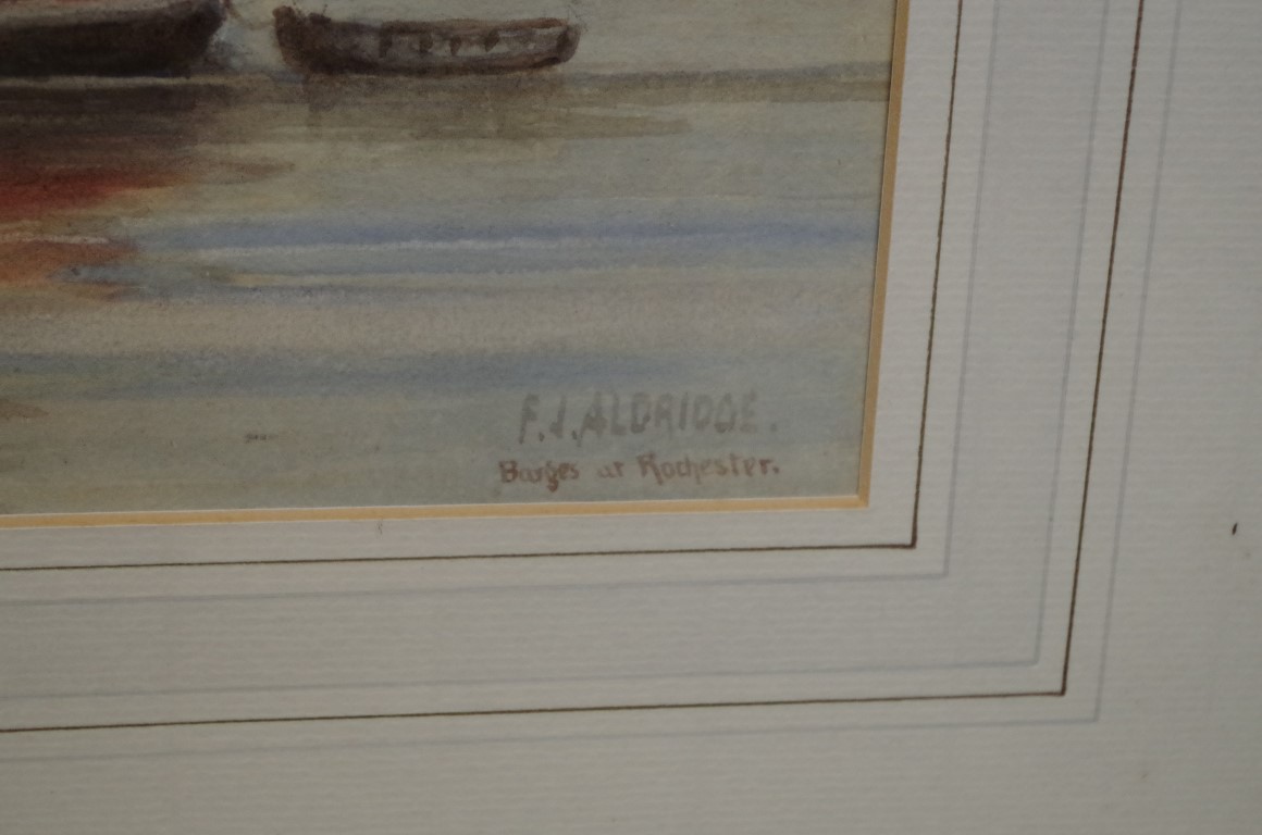 F J Aldridge, 'Barges at Rochester', signed and titled, watercolour, 27 x 39.5cm. - Image 3 of 3