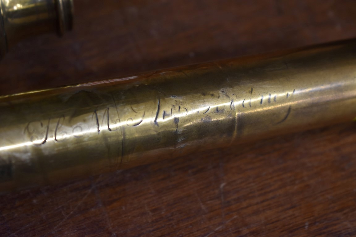 An antique brass and leather single drawer telescope, inscribed 'Commander E H Scott, H M Ship - Image 3 of 3