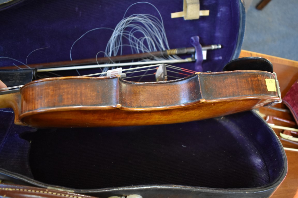 An antique Continental violin, with 14in single piece back, with bow, in Hawkes & Son case. - Image 2 of 14