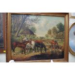 Manner of J F Herring, animals in a farmyard, oil on canvas, 49.5 x 60cm.