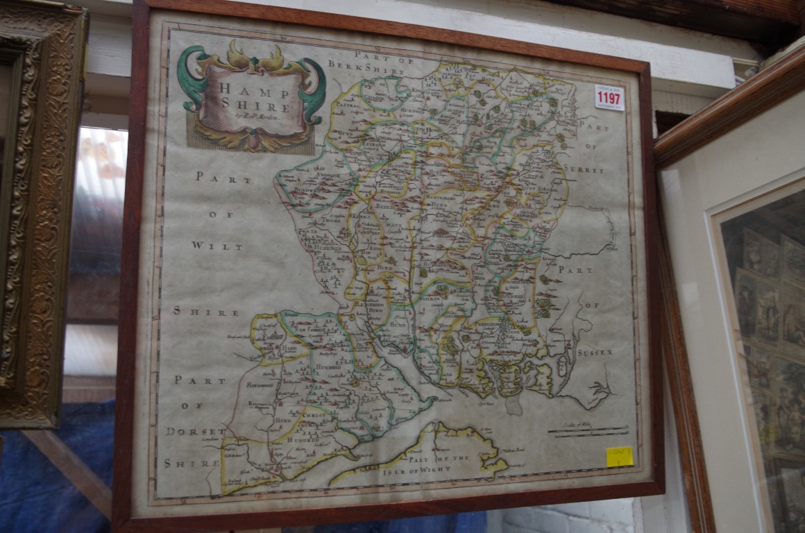 An antique hand coloured map of Hampshire, by Robert Morden, pl.37 x 42cm.