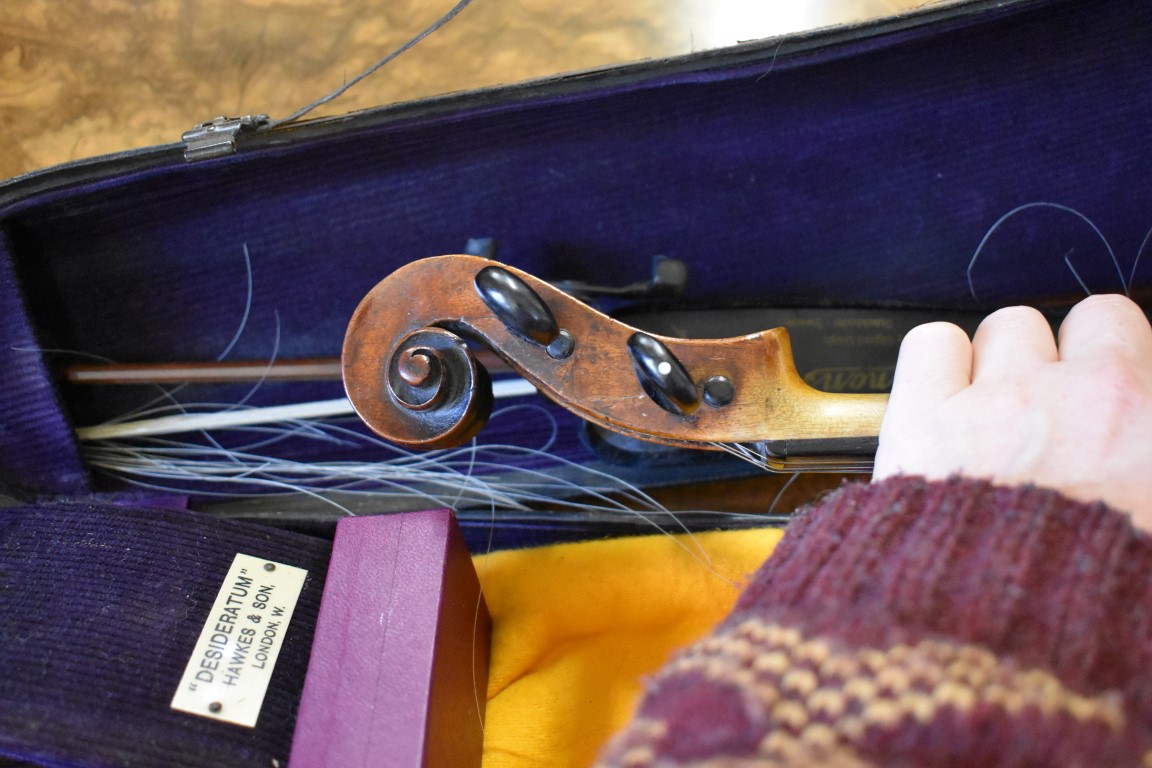 An antique Continental violin, with 14in single piece back, with bow, in Hawkes & Son case. - Image 5 of 14