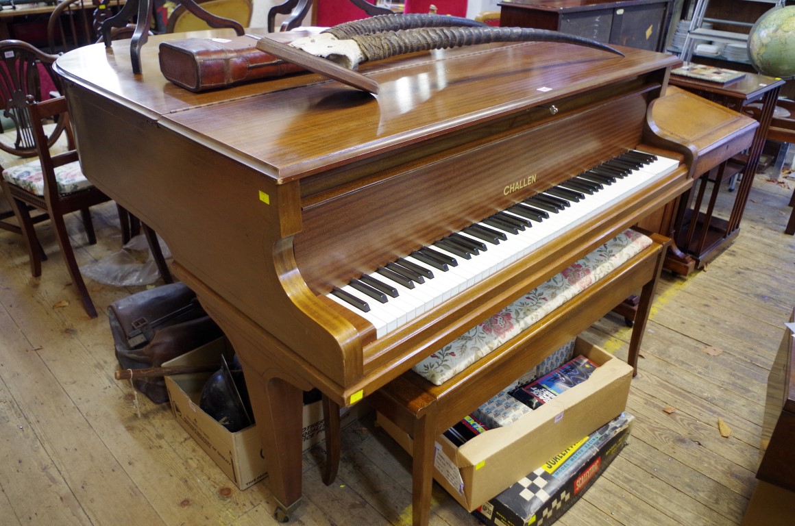 A Challen mahogany baby grand piano, length including keyboard 140cm; together with duet stool.