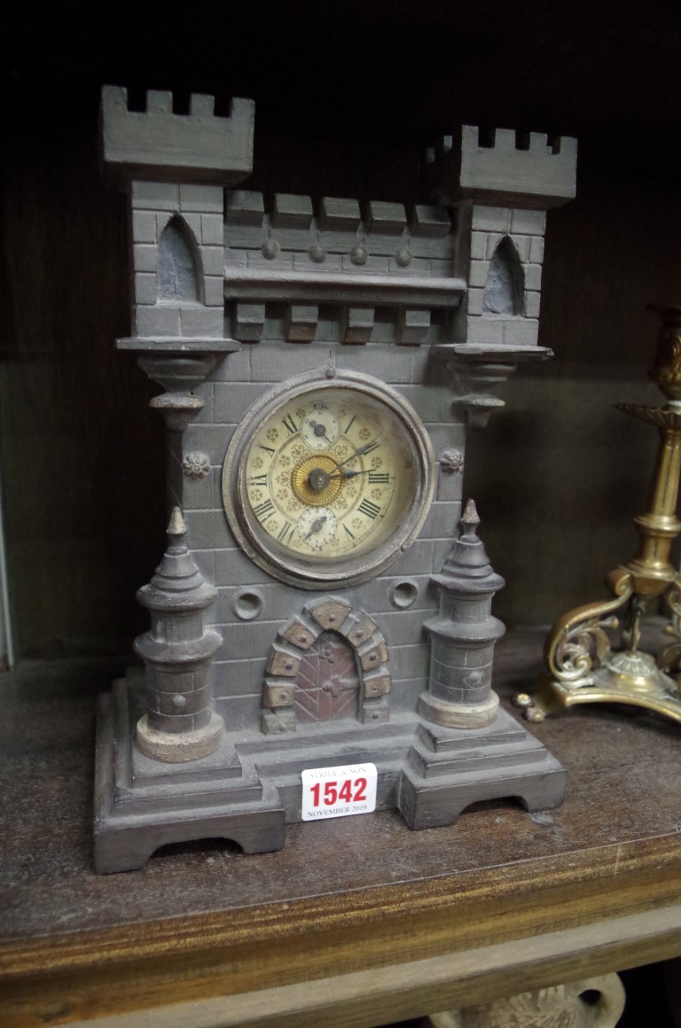 A novelty Continental castle form clock, 26cm high.