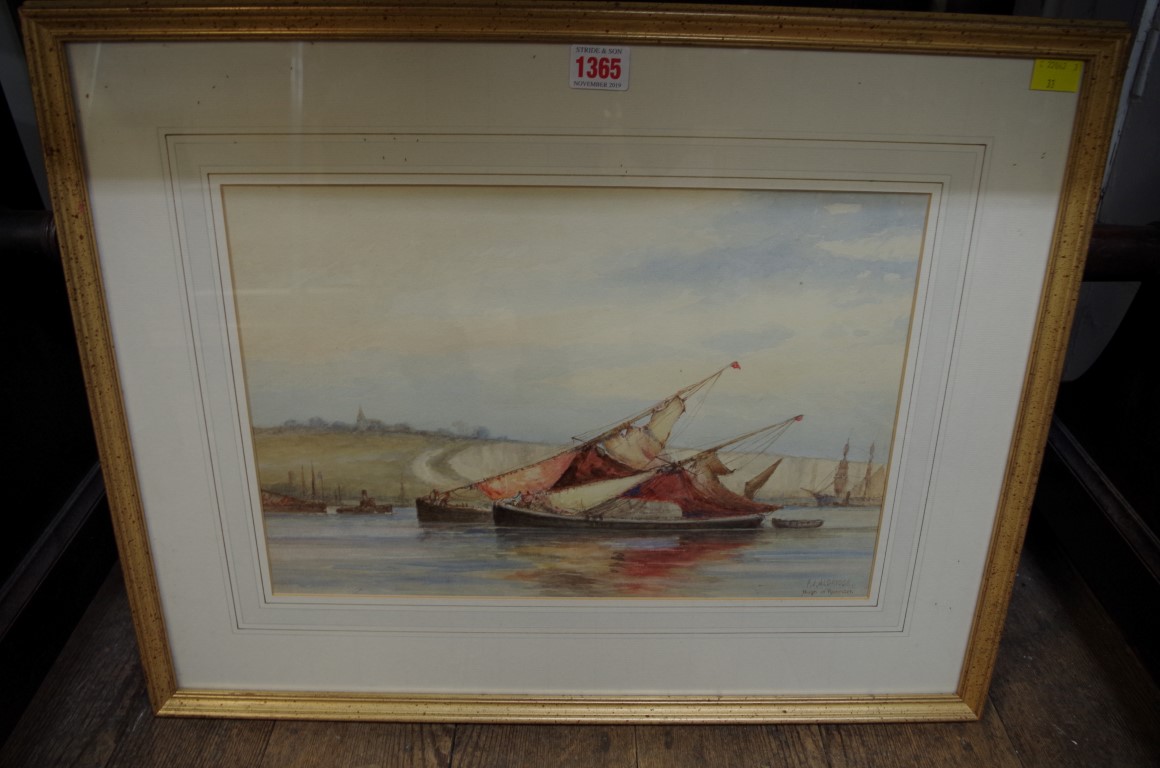 F J Aldridge, 'Barges at Rochester', signed and titled, watercolour, 27 x 39.5cm.