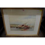 F J Aldridge, 'Barges at Rochester', signed and titled, watercolour, 27 x 39.5cm.