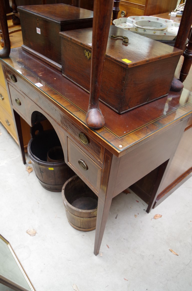 A George III mahogany, rosewood crossbanded and inlaid kneehole side table, 91.5cm wide.