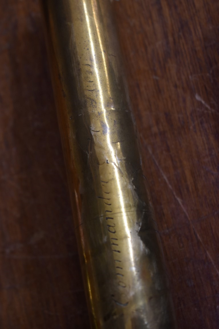 An antique brass and leather single drawer telescope, inscribed 'Commander E H Scott, H M Ship - Image 2 of 3