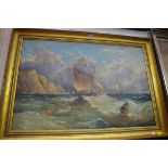 English School, sailing boat in choppy seas, unsigned, oil on canvas, 49.5 x 75cm.