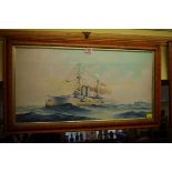 W Herbert, 'HMS Carlisle', signed and dated 1915, oil on card, 30 x 60cm, in maple frame.
