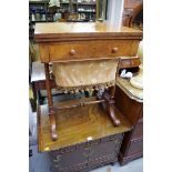 A 19th century burr walnut work table, with foldover swivel action top, 56cm wide.