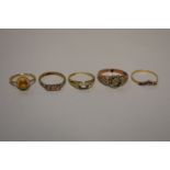 Five various stone set gold rings, hallmarked 9ct, 8.5g.