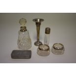 A small group of silver and silver mounted items; together with a metal snuff box. (6)