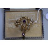 A Belle Epoque amethyst and pearl yellow gold pendant brooch, stamped 15ct, 41mm, 5.6g.
