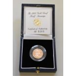 An Elizabeth II 1998 gold proof half sovereign, boxed.