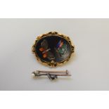 A Victorian oval micro mosaic 'butterfly' metal brooch, 4.5 x 40cm; together with a pearl and