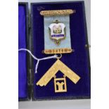 A cased Masonic gold and enamel medal, hallmarked 375 in places, for the Telegraph Cable Lodge, No.