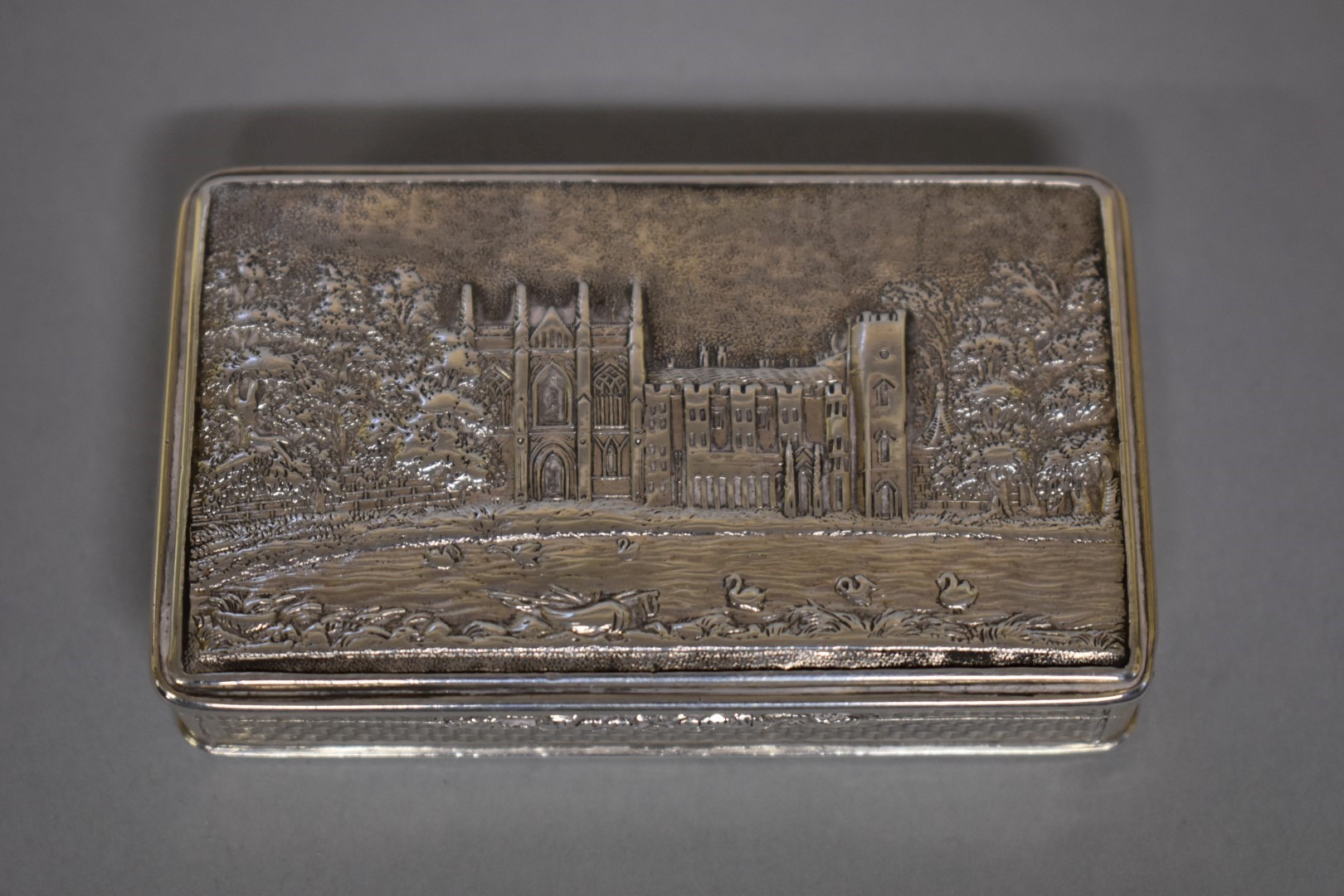 A William IV silver 'Newstead Abbey' snuff box, by Nathaniel Mills, Birmingham 1836, 82 x 53mm, 86g.