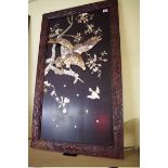 A pair of Japanese shell and bone shibyama panels of eagles, 90 x 47cm, (losses).