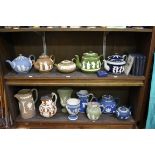 A collection of Victorian and later jasperware and similar. (2 shelves)