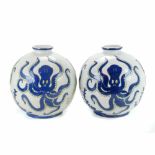 KERALOUVE LALOUVIERE. PAIR OF ART DECÓ VASESEnamelled glass, decorated with octopuses. Maker'mark on