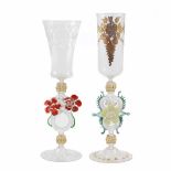 PAIR OF MURANO GLASS GOBLETS, C20thMurano glass with engraving & gilding, stems with blown glass