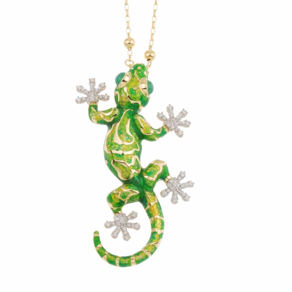 SALAMANDER PENDANTEnamelled silver & diamante with chancedony eyes. Long silver gold plated chain.