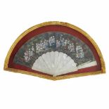 " A THOUSAND FACES"CHINESE FAN MID C 19thPainted leaf with ivory applications & sticks of engraved