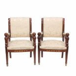 PAIR OF VICTORIAN STYLE CHAIRS, MID C19thCarved wood ornamented with geometric marquetry. 96 x 62