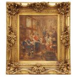 BELGIAN SCHOOL, C18th "INN SCENE."Oil on CanvasFollowing models of David Teniers II. Signed. Some