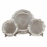 THREE PORTUGUESE SILVER TRAYS, LATE C 19TH-EARLY C20thHallmarked of City of Lisbon. Two engraved