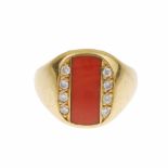 CORAL SIGNET RINGYellow gold with coral & eight brilliant cut diamonds.Total approx. weight 0.16ct.-