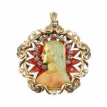 VIRGIN PENDANT, MID C20thTouches of white gold with rose cut diamonds, enamel, translucent